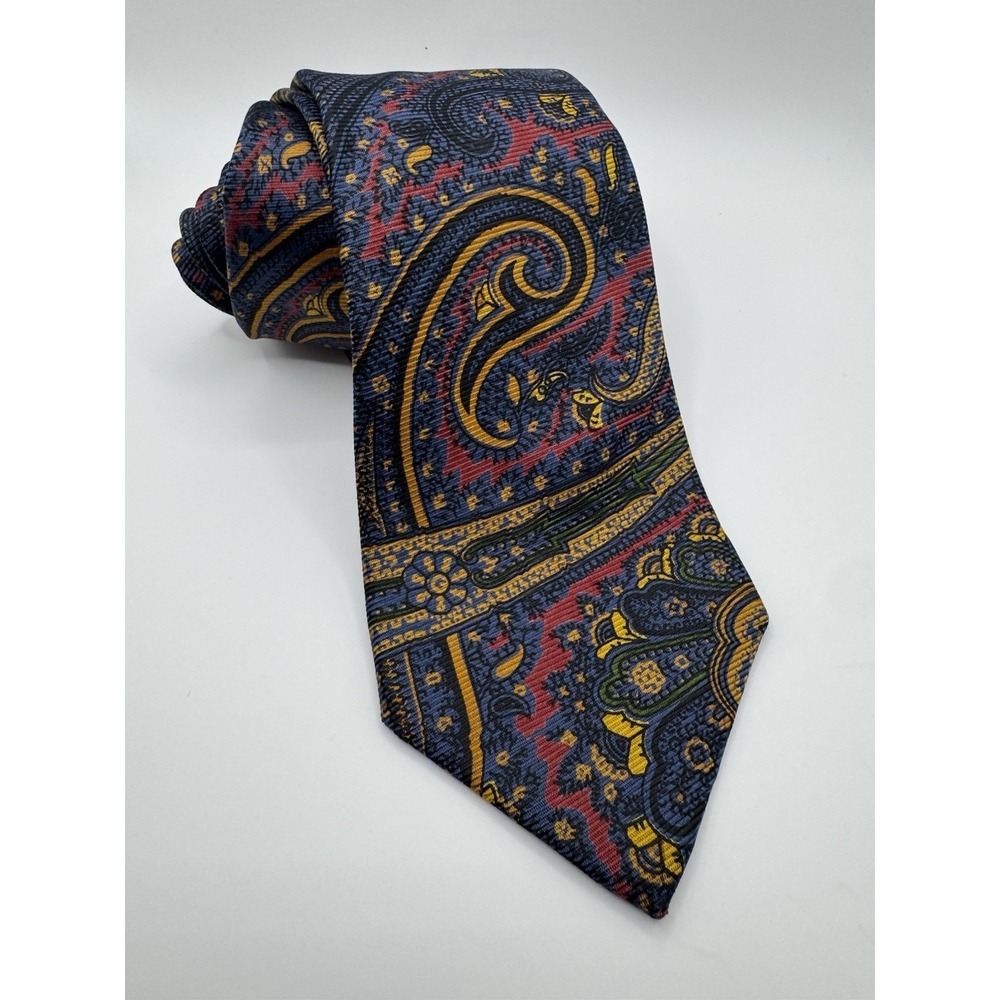 Marcus Neiman Marcus Silk Tie Navy Paisley Red Gold Green Classic USA Made